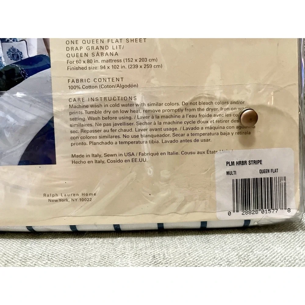 Lauren Ralph Lauren PALM HARBOR Queen Flat Sheet Italy Blue White 450 Thread Ct